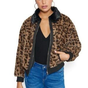 bebe Brown Leopard Print Teddy Jacket